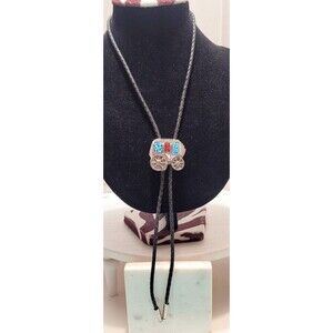 Men's Bolo Stagecoach With Turquoise And Coral Inlay Silvertone Flaw